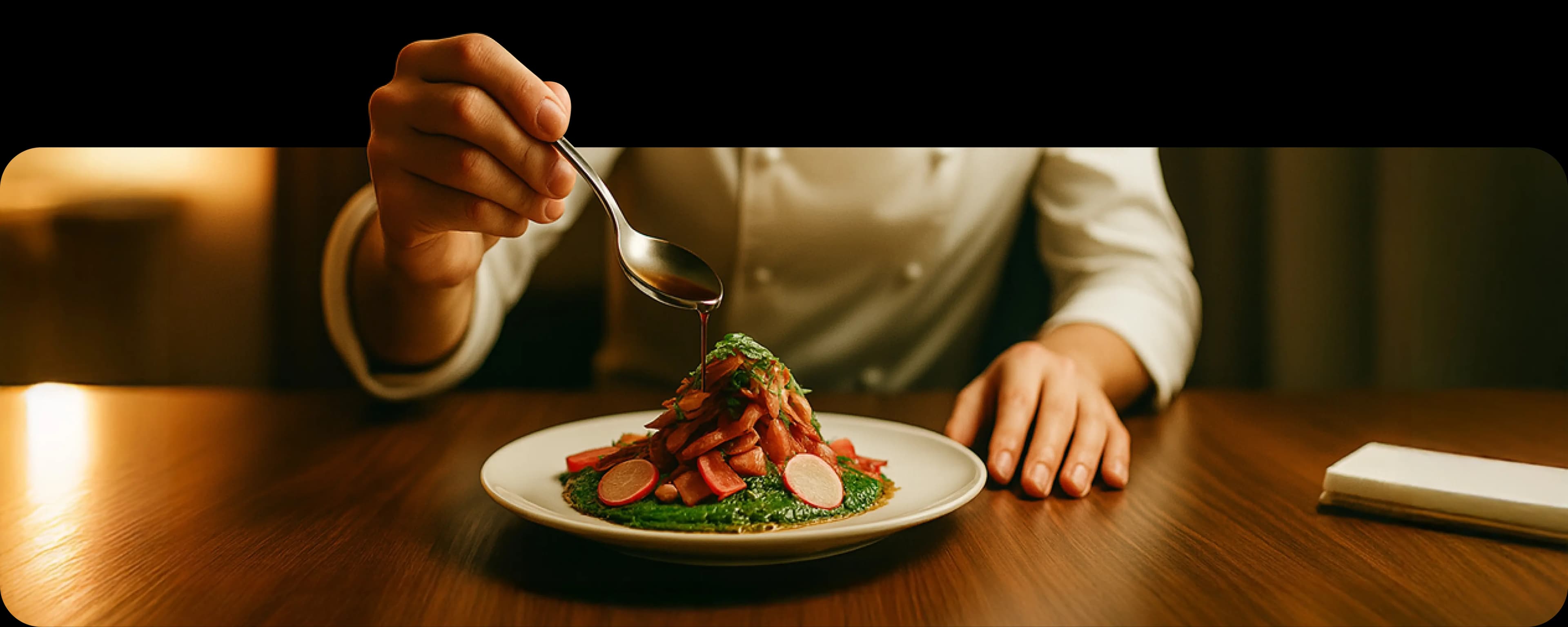 Рука держит ложку, из которой стекает соус на изысканно сервированное блюдо на тарелке, на фоне приглушённого интерьера и человека в белой рубашке.