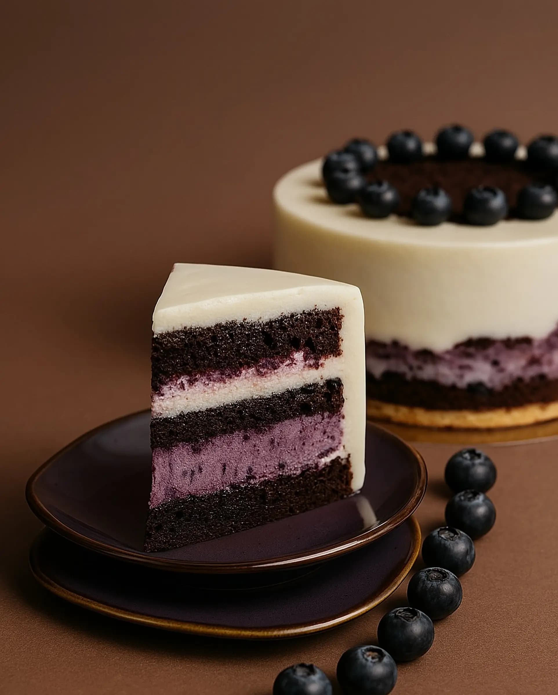 Срезанный кусок многослойного торта с черничным кремом и ягодами на фиолетовой тарелке, рядом целая белая торт с черникой.
