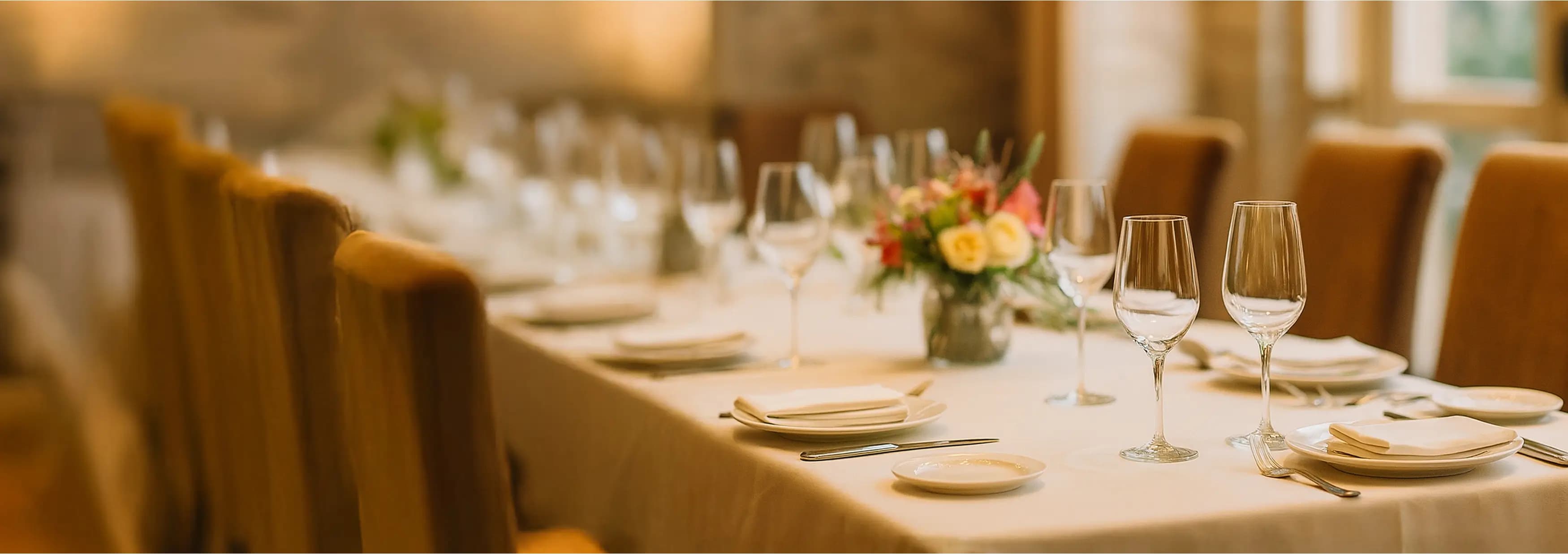 Элегантно сервированный банкетный стол с бокалами, тарелками и цветочной композицией.