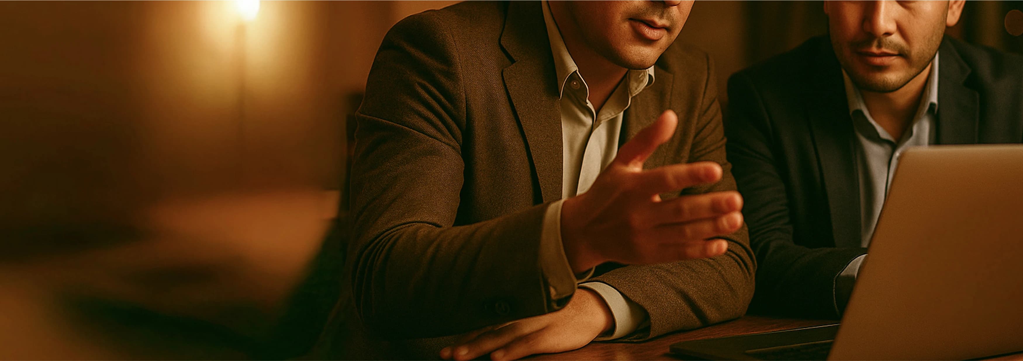 Двое мужчин в деловой одежде обсуждают проект за ноутбуком.