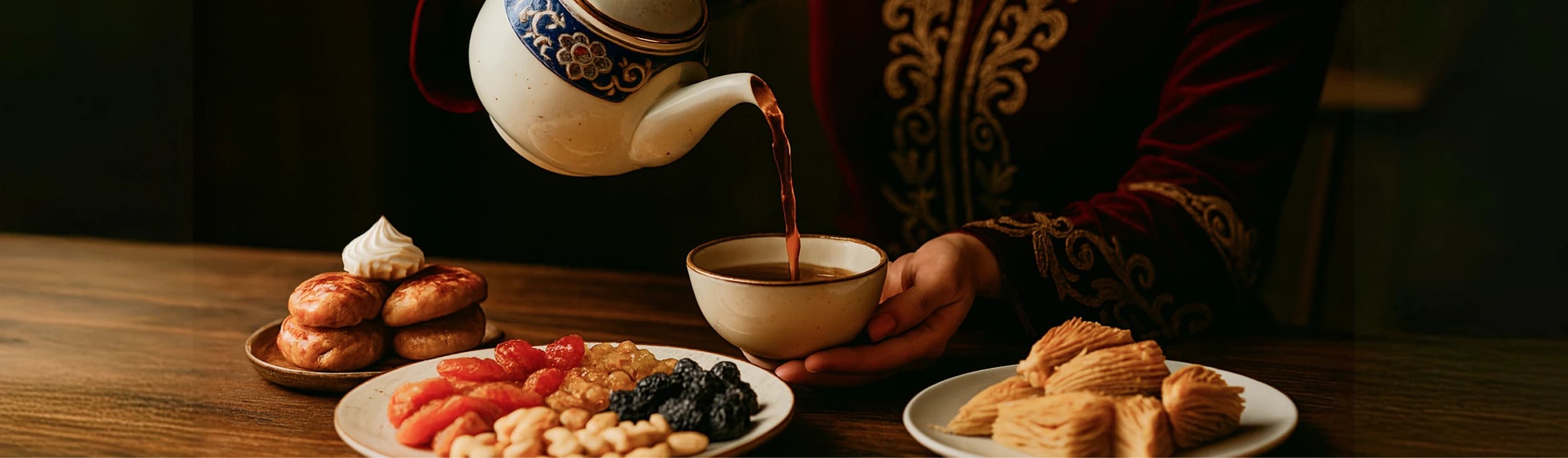 Руки в чёрных перчатках наливают кофе из белого чайника в белую чашку на блюдце; рядом на столе стоит тарелка с кусочками выпечки, на размытом фоне видна рабочая зона кухни.